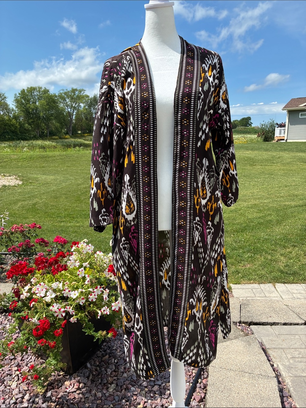 LOFT Black Open Long Tunic Abstract Print